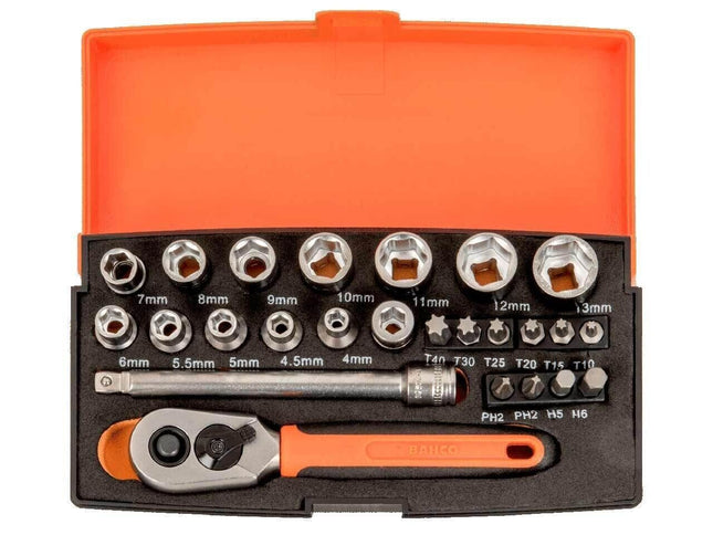 Bahco BAHSL25 Socket Set 25pc Metric 1/4" Drive Ratchet Extension Bar SL25 Bits - MonkeyTools
