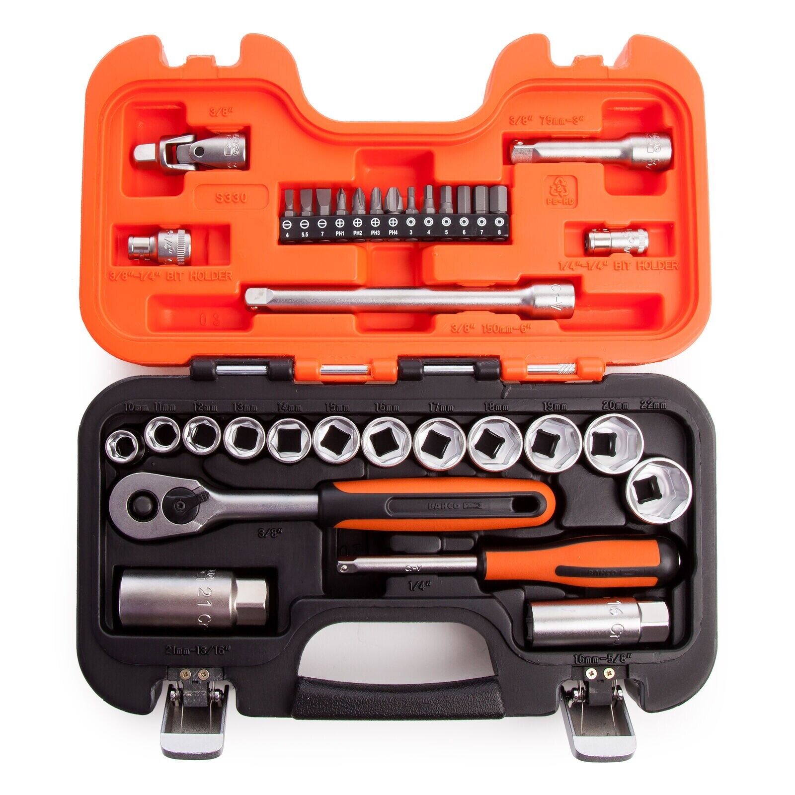 Bahco S330 3/8″ Drive 34 Piece Metric Socket Set 10-22mm + 1/4″ Screwdriver Bits - MonkeyTools