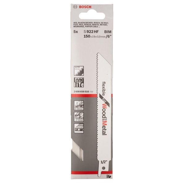 BOSCH S922HF BIM 150MM RECIPROCATING SAW BLADES FLEXIBLE FOR WOOD/METAL X5 2608656016 - MonkeyTools