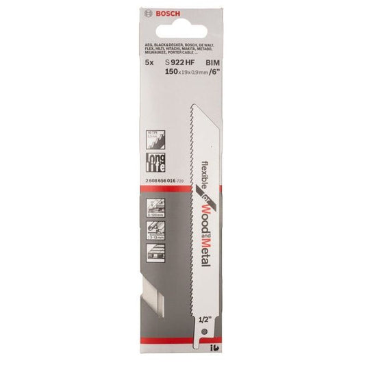 BOSCH S922HF BIM 150MM RECIPROCATING SAW BLADES FLEXIBLE FOR WOOD/METAL X5 2608656016 - MonkeyTools