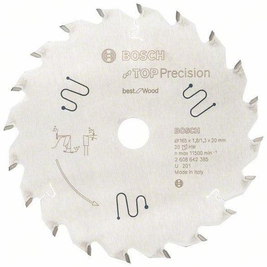 BOSCH TOP PRECISION SAW BLADE 165 X 20MM X 20T WOOD 2608642385 - MonkeyTools