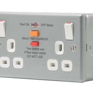BRITISH GENERAL 13A 2-GANG SP SWITCHED METAL CLAD PASSIVE RCD SOCKET WITH WHITE INSERTS - MonkeyTools