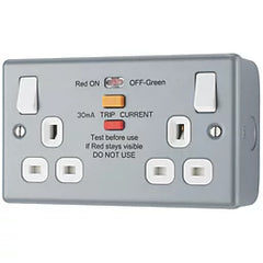 BRITISH GENERAL 13A 2-GANG SP SWITCHED METAL CLAD PASSIVE TYPE A RCD SOCKET WITH WHITE INSERTS