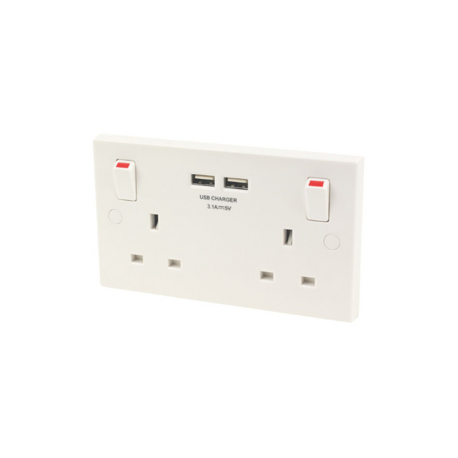 BRITISH GENERAL 900 SERIES 13A 2-GANG SP SWITCHED SOCKET + 3.1A 2-OUTLET TYPE A USB CHARGER WHITE - MonkeyTools
