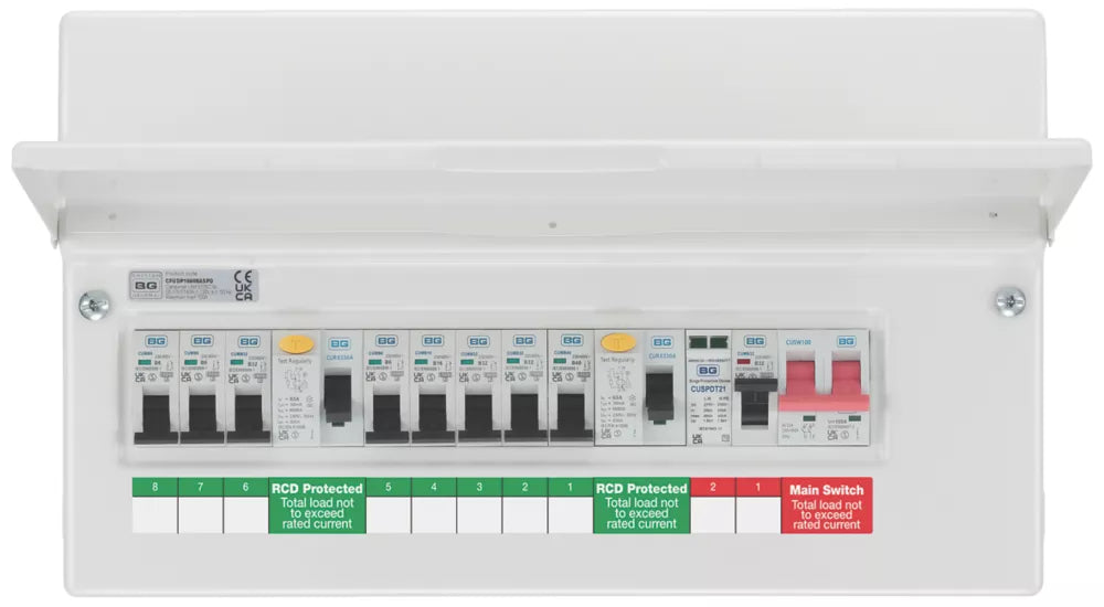 BRITISH GENERAL FORTRESS 16-MODULE 8-WAY POPULATED HIGH INTEGRITY DUAL RCD CONSUMER UNIT WITH SPD - MonkeyTools