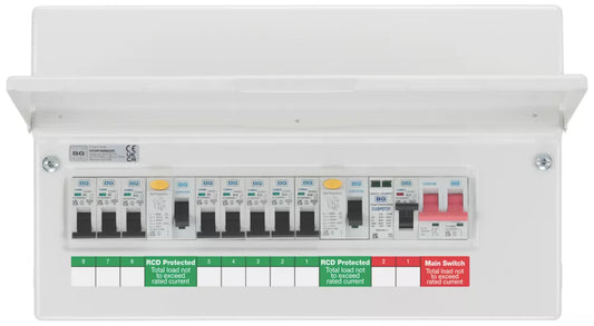 BRITISH GENERAL FORTRESS 16-MODULE 8-WAY POPULATED HIGH INTEGRITY DUAL RCD CONSUMER UNIT WITH SPD - MonkeyTools