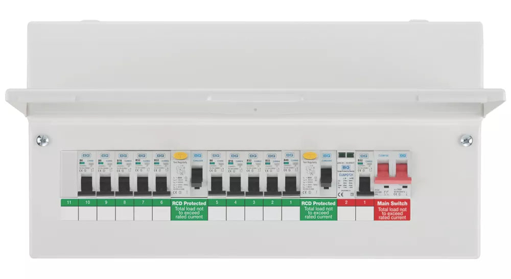 BRITISH GENERAL FORTRESS 19-MODULE 10-WAY POPULATED HIGH INTEGRITY DUAL RCD CONSUMER UNIT WITH SPD - MonkeyTools