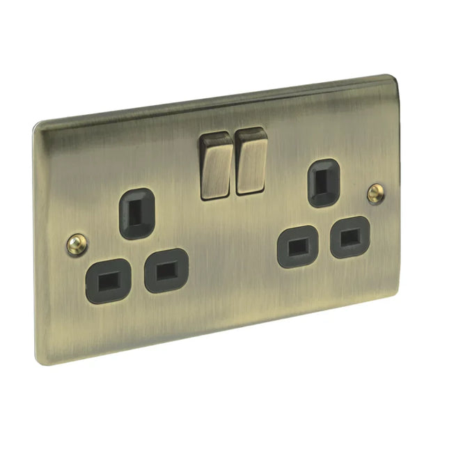 BRITISH GENERAL NEXUS METAL 13A 2-GANG DP SWITCHED PLUG SOCKET ANTIQUE BRASS WITH BLACK INSERTS - MonkeyTools