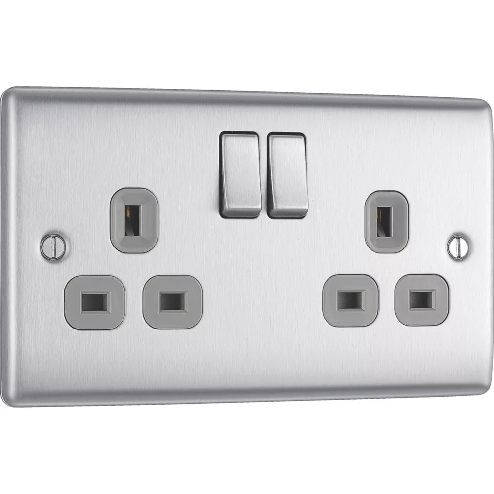 BRITISH GENERAL NEXUS METAL 13A 2-GANG DP SWITCHED PLUG SOCKET BRUSHED STEEL WITH GRAPHITE INSERTS - MonkeyTools
