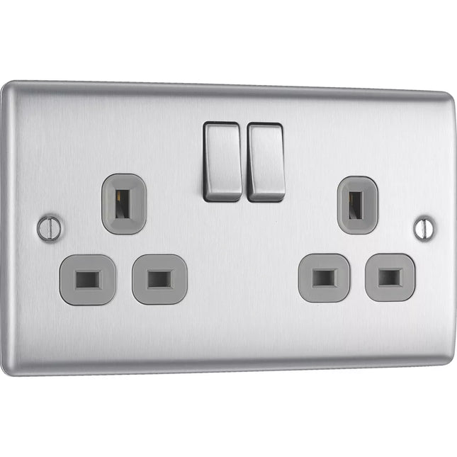 BRITISH GENERAL NEXUS METAL 13A 2-GANG DP SWITCHED PLUG SOCKET BRUSHED STEEL WITH GRAPHITE INSERTS - MonkeyTools