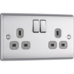 BRITISH GENERAL NEXUS METAL 13A 2-GANG DP SWITCHED PLUG SOCKET BRUSHED STEEL WITH GRAPHITE INSERTS