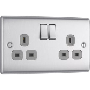 BRITISH GENERAL NEXUS METAL 13A 2-GANG DP SWITCHED PLUG SOCKET BRUSHED STEEL WITH GRAPHITE INSERTS - MonkeyTools