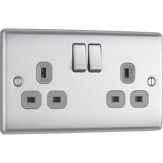 BRITISH GENERAL NEXUS METAL 13A 2-GANG DP SWITCHED PLUG SOCKET BRUSHED STEEL WITH GRAPHITE INSERTS - MonkeyTools