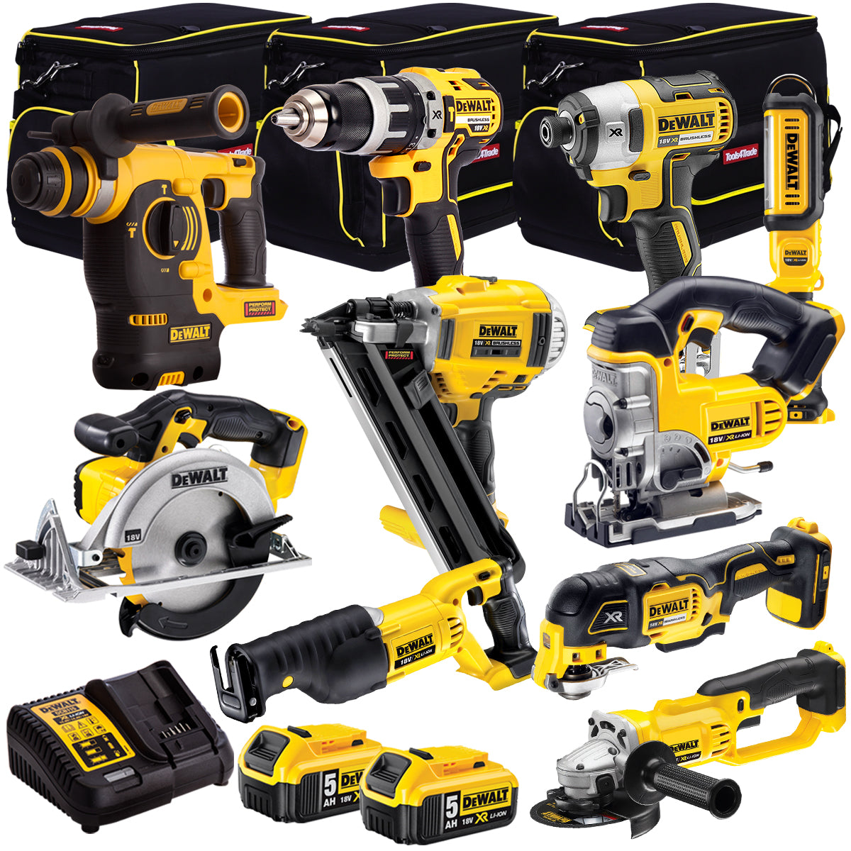 Dewalt 18V 10 Piece Power Tool Kit with 2 x 5.0Ah Batteries T4TKIT-992 - MonkeyTools