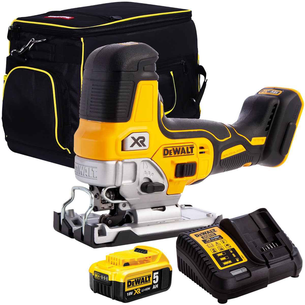 DeWalt DCS335N 18V Brushless Grip Jigsaw with 1 x 5.0Ah Battery Charger & 20" Bag - MonkeyTools