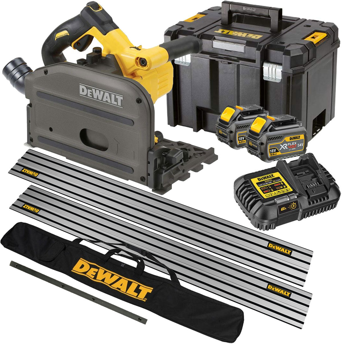 DeWalt DCS520T2 54V Flexvolt Brushless 165mm Plunge Saw with 2 x 6.0Ah Batteries & Charger in Case with Accessories - MonkeyTools