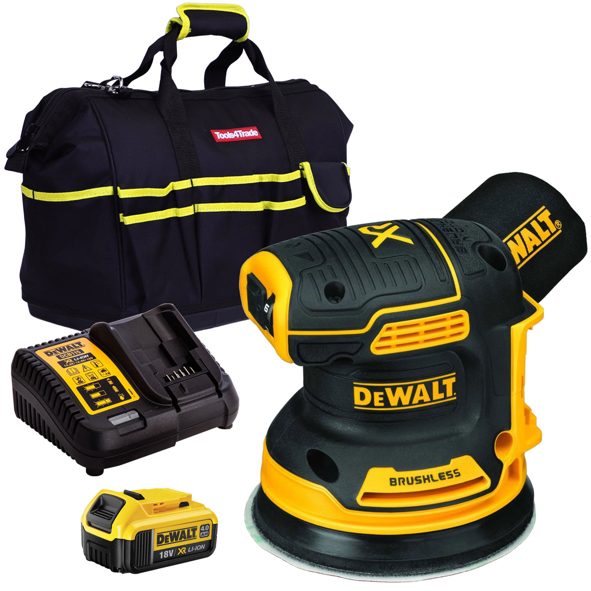 DeWalt DCW210N 18V Brushless 125mm Random Orbital Sander with 1 x 4.0Ah Battery Charger & Bag - MonkeyTools