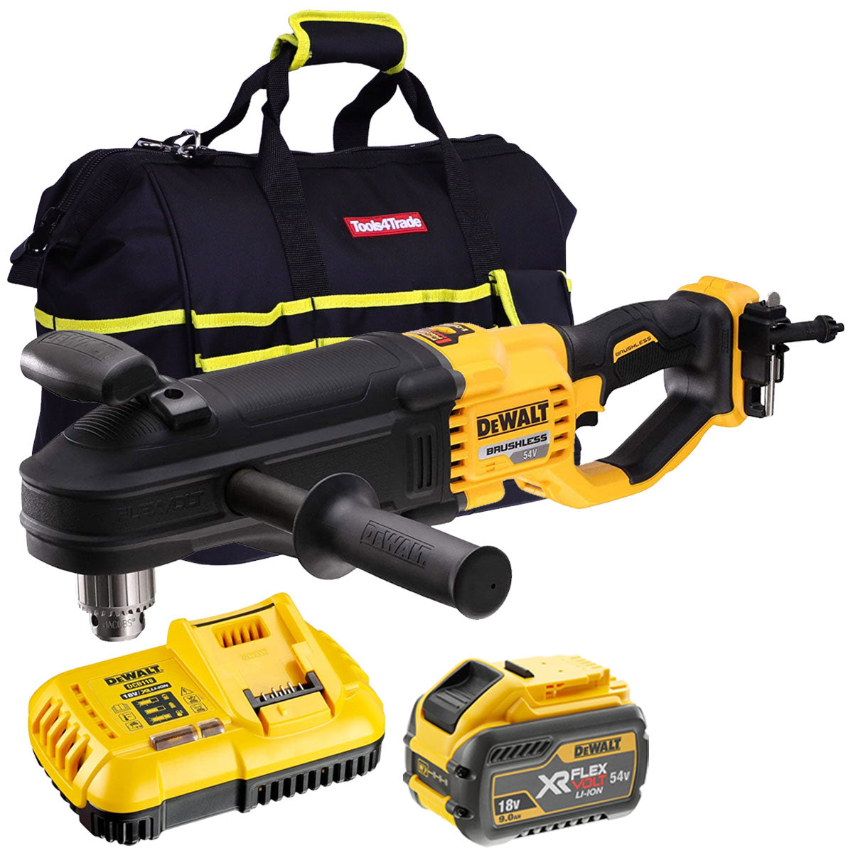 DeWalt DCD470N 54V XR Flexvolt Brushless Right Angled Core Drill with 1 x 9.0Ah Battery Charger & Bag - MonkeyTools