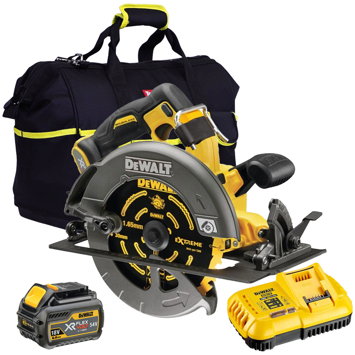 Dewalt DCS578N 54V XR Flexvolt Brushless 190mm Circular Saw with 1 x 6.0Ah Battery Charger & Bag - MonkeyTools