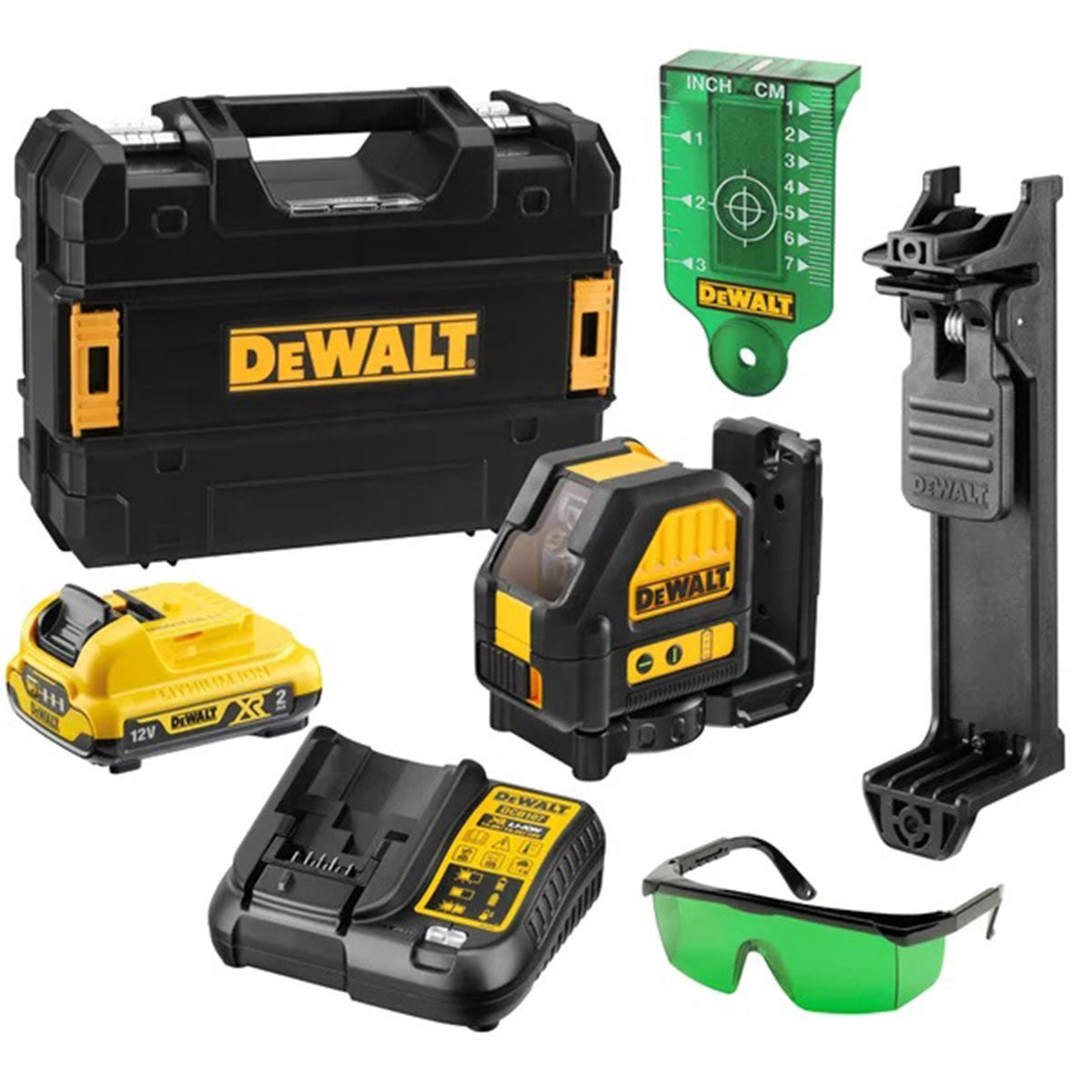 Dewalt DCE088D1G 12V Self-Levelling Green Cross Line Laser With 2.0Ah Battery Charger & TSTAK Case - MonkeyTools