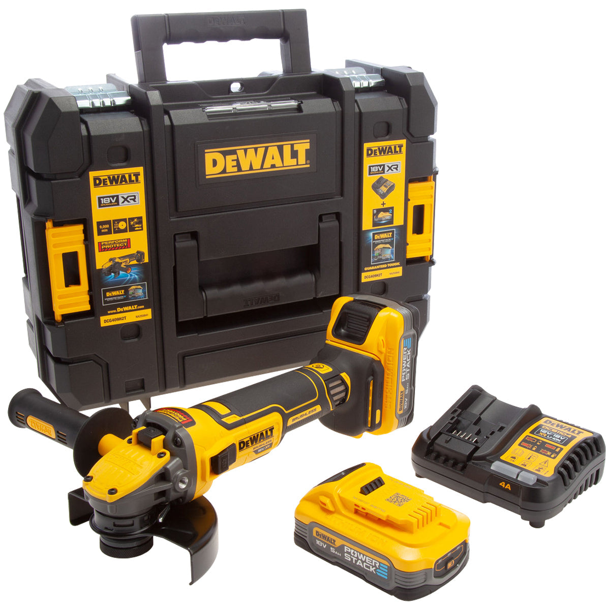 Dewalt DCG409H2T 18V XR Brushless 125mm Grinder with 2 x 5.0Ah Powerstack Batteries, Charger & TSTAK Case - MonkeyTools