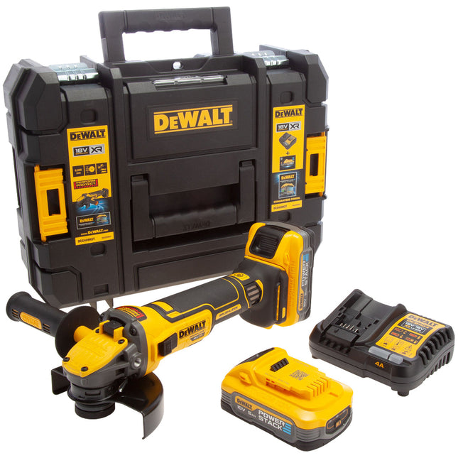 Dewalt DCG409H2T 18V XR Brushless 125mm Grinder with 2 x 5.0Ah Powerstack Batteries, Charger & TSTAK Case - MonkeyTools