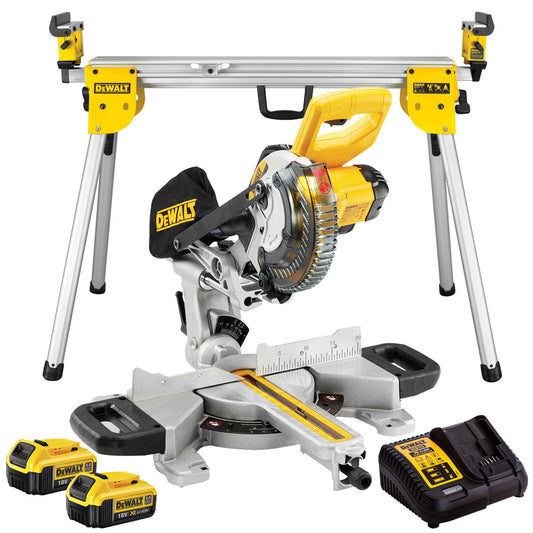 Dewalt DCS365M2 18V XPS 184mm Mitre Saw 2 x 4.0Ah Battery Charger & Leg Stand - MonkeyTools