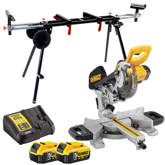 Dewalt DCS365N 18V XR Cordless 184mm Slide Mitre Saw with 2 x 5.0Ah Batteries & Charger + Leg Stand - MonkeyTools