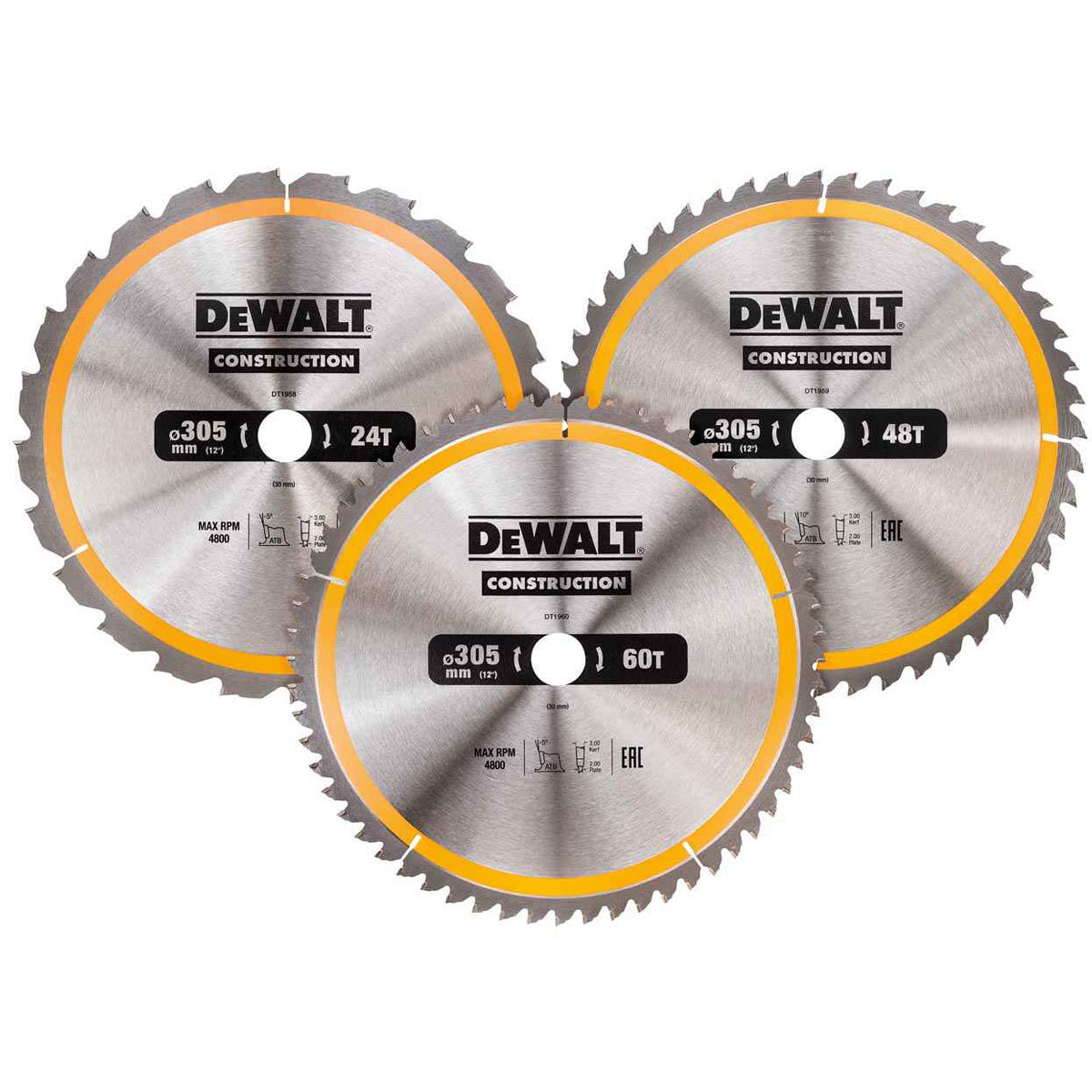 DeWalt DT1964 Construction Circular Saw Blade 3 Pack 305 x 30mm x 24T/48T/60T - MonkeyTools