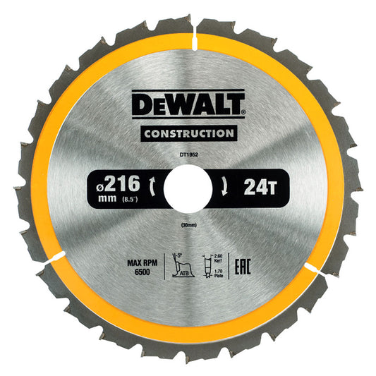 DEWALT DT1952-QZ CIRCULAR SAW BLADE CONSTRUCTION 216MM X 30MM X 24 TEETH - MonkeyTools