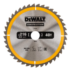DEWALT DT1953-QZ CIRCULAR SAW BLADE CONSTRUCTION 216MM X 30MM X 40 TEETH