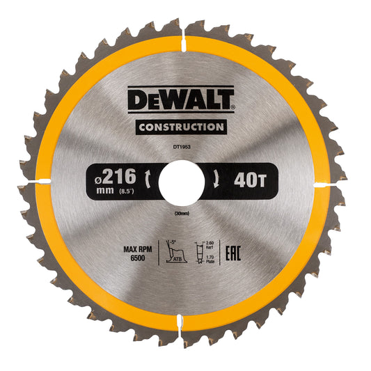 DEWALT DT1953-QZ CIRCULAR SAW BLADE CONSTRUCTION 216MM X 30MM X 40 TEETH - MonkeyTools
