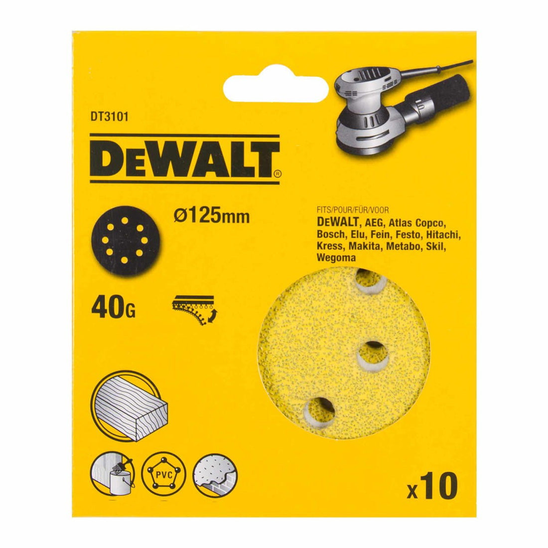DEWALT DT3101-QZ ROS QUICK FIT SANDING DISCS 125MM 40 GRIT X10 PCS FOR DCW210N & DWE6423 - MonkeyTools