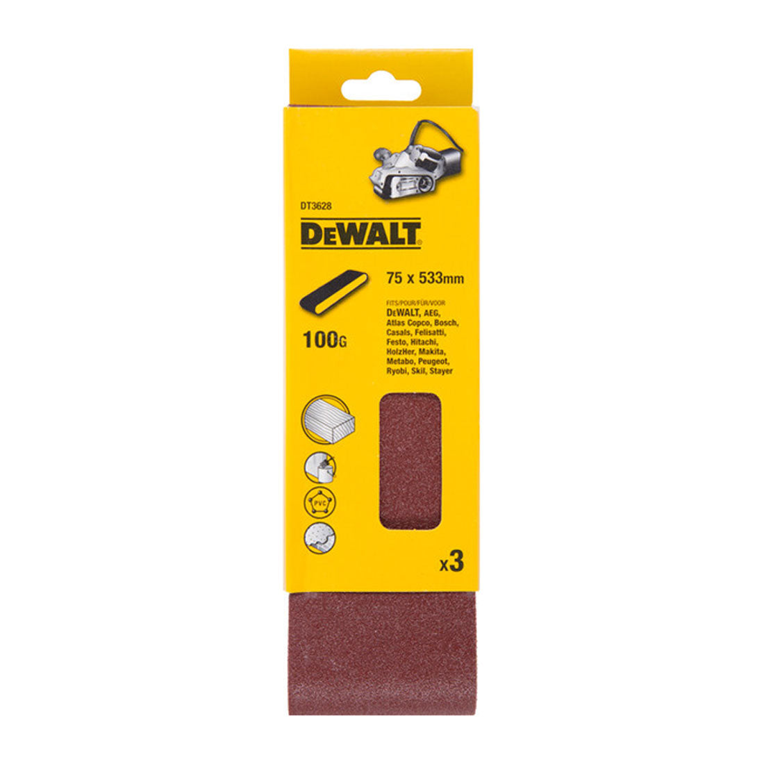DEWALT DT3628-QZ SANDING BELTS 75MM X 533MM 100 GRIT X3 PCS FOR DCW220 - MonkeyTools