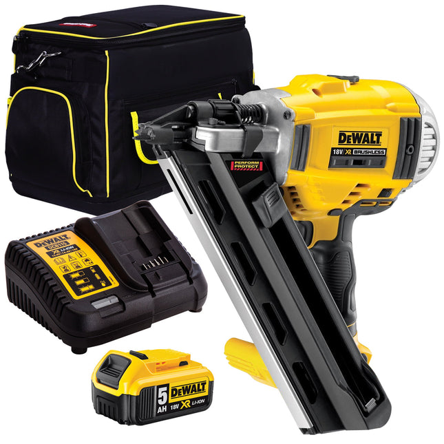 DeWalt DCN692N 18V Brushless First Fix 90mm Framing Nailer with 1 x 5.0Ah Battery, Charger & 20" Bag - MonkeyTools