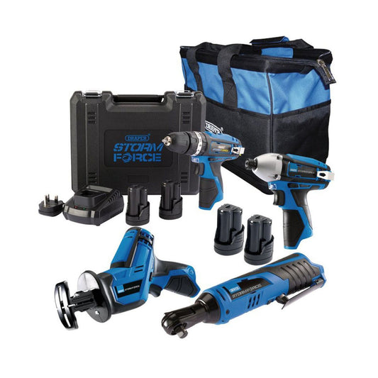 Draper PTK12V4+4 12V Power Tool 4 Piece Kit with 4 x 1.5Ah Batteries, 1 X Fast Charger & Bag 91032 - MonkeyTools