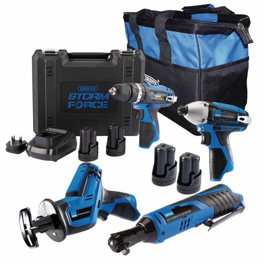 Draper PTK12V4+4 12V Power Tool 4 Piece Kit with 4 x 1.5Ah Batteries, 1 X Fast Charger & Bag 91032 - MonkeyTools