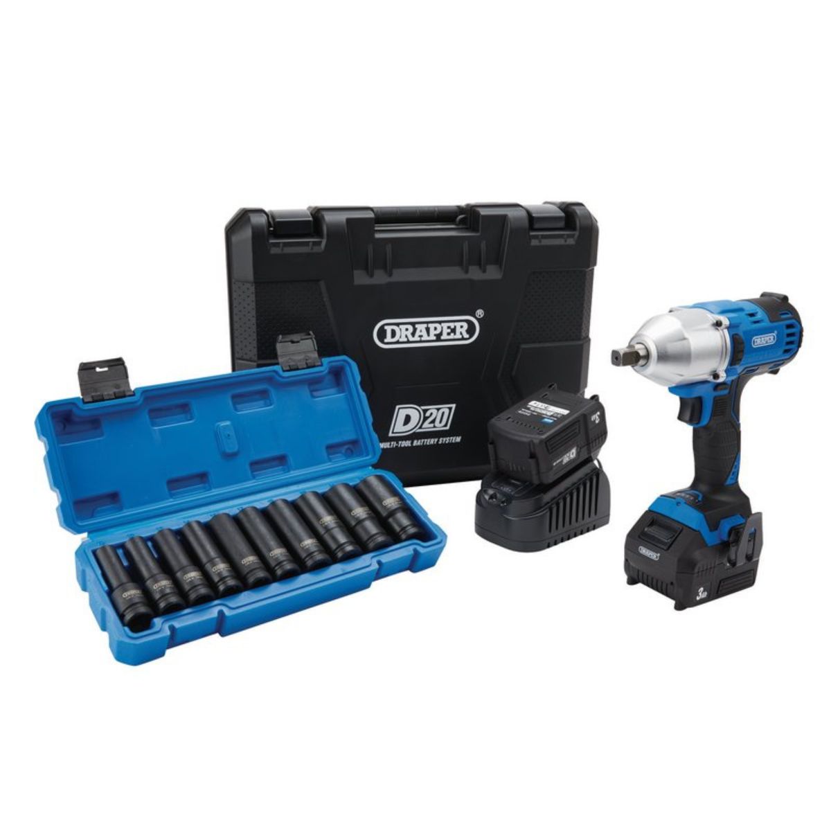 Draper PTKD20/OCT2 20V Impact Wrench Kit 1/2" Sq & Metric Deep Impact Socket Set 10 Pes 04791 - MonkeyTools