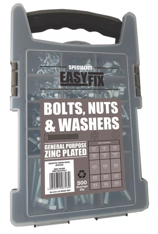 EASYFIX BRIGHT ZINC-PLATED MIXED BOLTS, NUTS & WASHERS PACK 500 PIECE SET - MonkeyTools