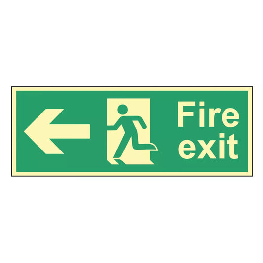 PHOTOLUMINESCENT "FIRE EXIT MAN LEFT ARROW" SIGN 150MM X 400MM - MonkeyTools