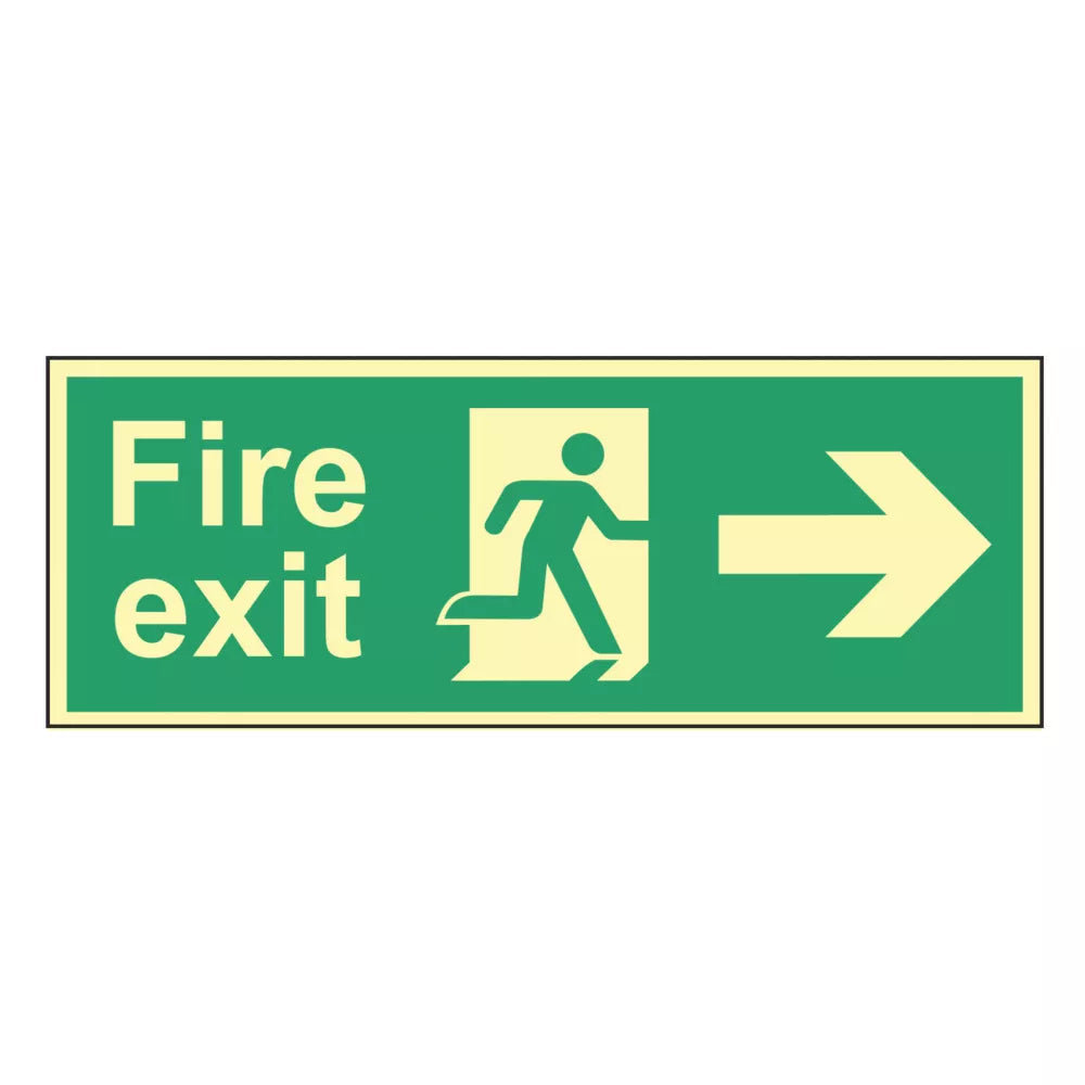 PHOTOLUMINESCENT "FIRE EXIT MAN RIGHT ARROW" SIGN 150MM X 450MM - MonkeyTools