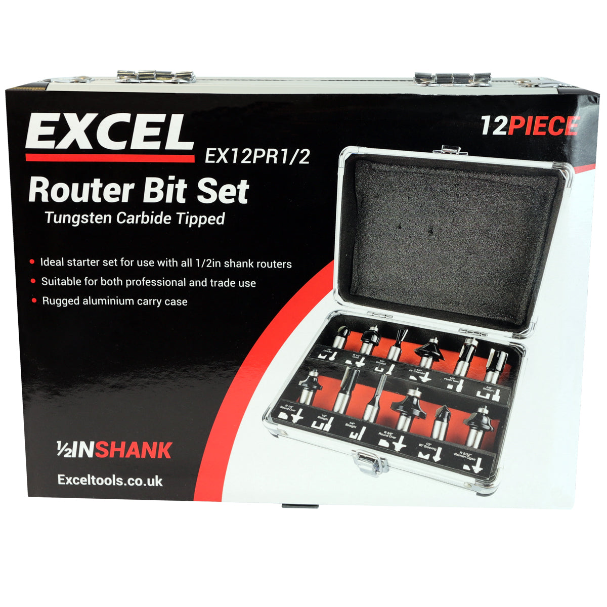 Excel 1/2in Shank TCT Router Cutter Bit 12 Piece Set - MonkeyTools