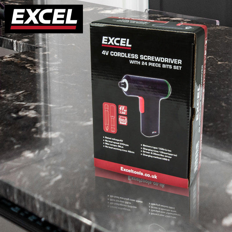 Excel Cordless Electric Screwdriver with 24 Piece 25mm Bits In Plastic Box - MonkeyTools