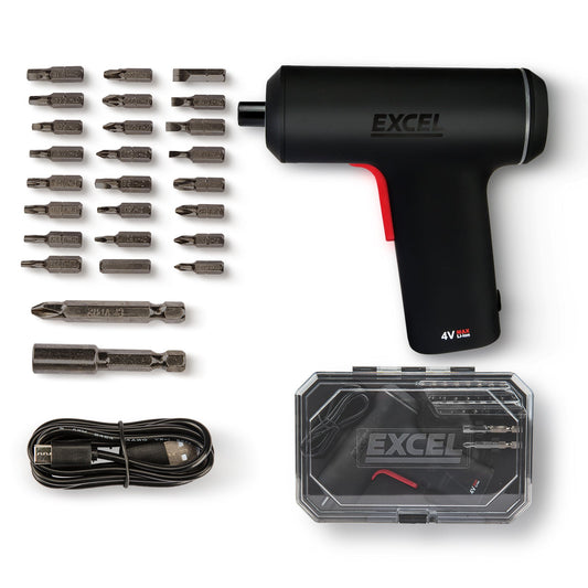 Excel Cordless Electric Screwdriver with 24 Piece 25mm Bits In Plastic Box - MonkeyTools