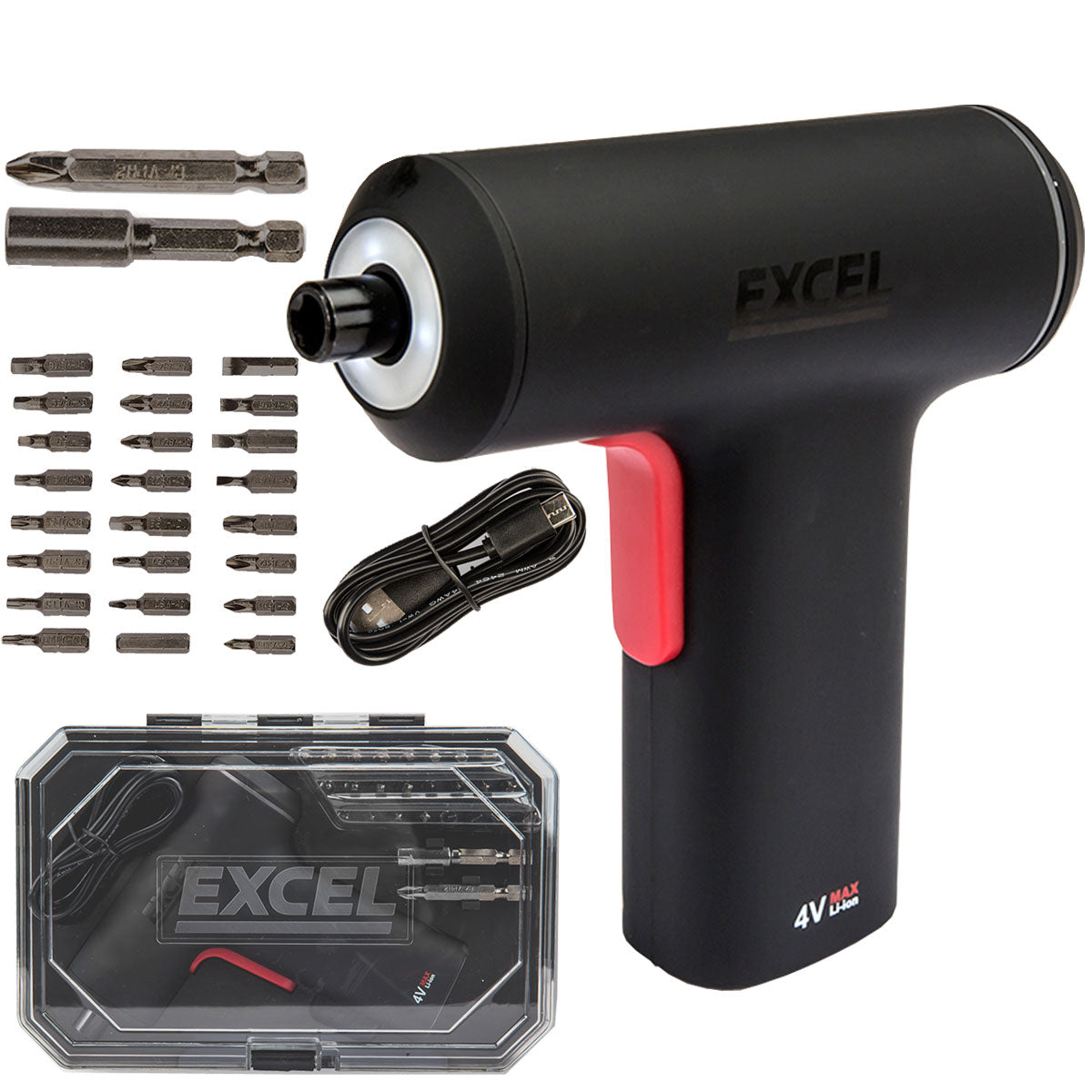 Excel Cordless Electric Screwdriver with 24 Piece 25mm Bits In Plastic Box - MonkeyTools