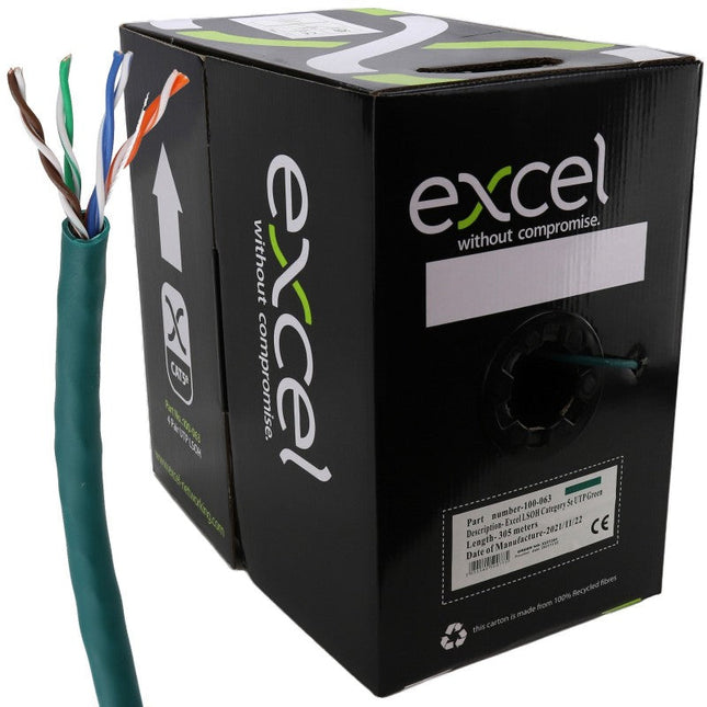 EXCEL COPPER CAT5E NETWORK CABLE U/UTP LOW SMOKE LSOH EUROCLASS DCA 305M GREEN - MonkeyTools