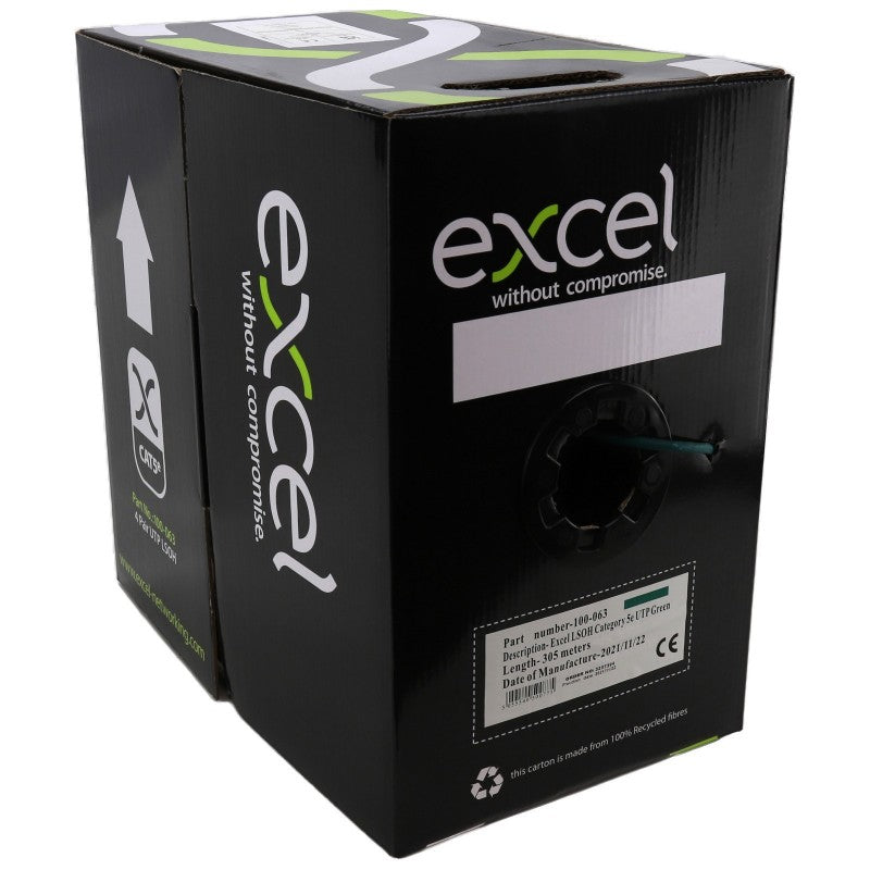 EXCEL COPPER CAT5E NETWORK CABLE U/UTP LOW SMOKE LSOH EUROCLASS DCA 305M GREEN - MonkeyTools