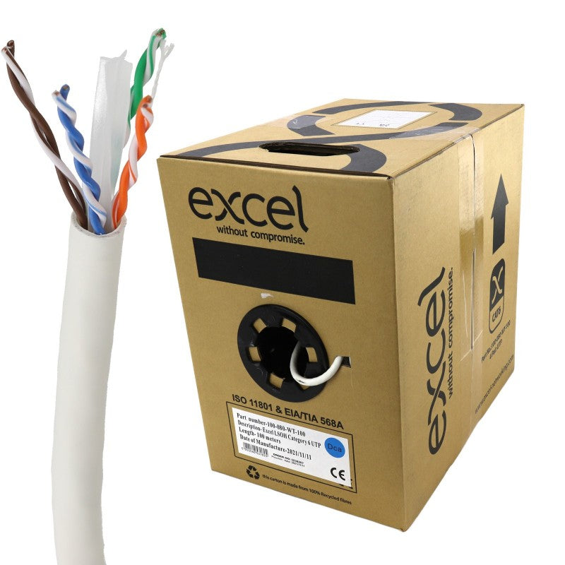 EXCEL COPPER CAT6 NETWORK CABLE U/UTP LOW SMOKE LSOH EUROCLASS DCA 100M WHITE - MonkeyTools