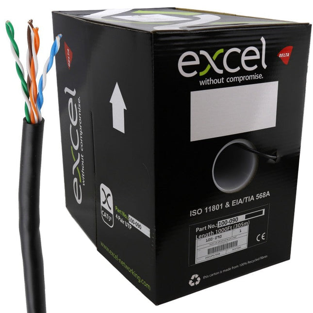 EXCEL EXTERNAL COPPER CAT5E NETWORK CABLE U/UTP OUTDOOR EUROCLASS FCA 305M BLACK - MonkeyTools