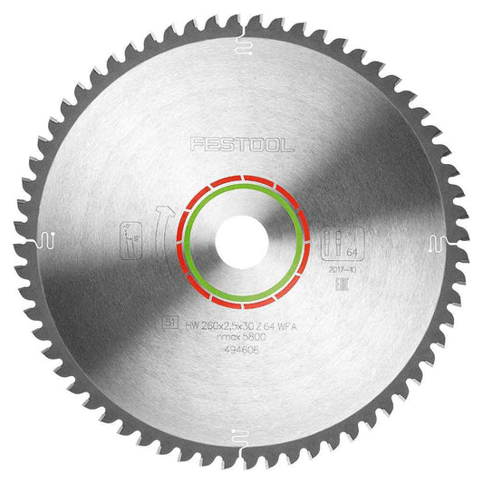 Festool 260mm x 2.5mm x 30mm 64T Laminate / HPL Saw Blade - 494606 - MonkeyTools